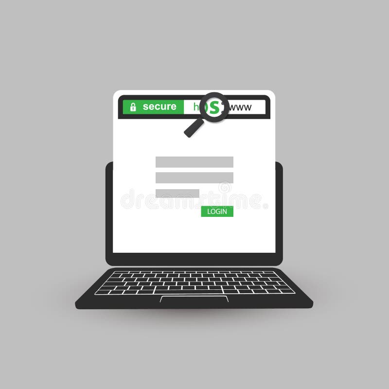 HTTPS协议 — 安全网络、安全浏览、移动计算机上的数字通信 库存例证