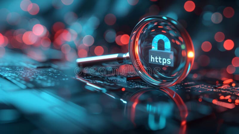 μεγεθυντικός φακός με έμφαση στο σύμβολο https με λουκέτο σε μπλε φόντο μητρικής πλακέτας με χώρο αντιγραφής στοκ εικόνες