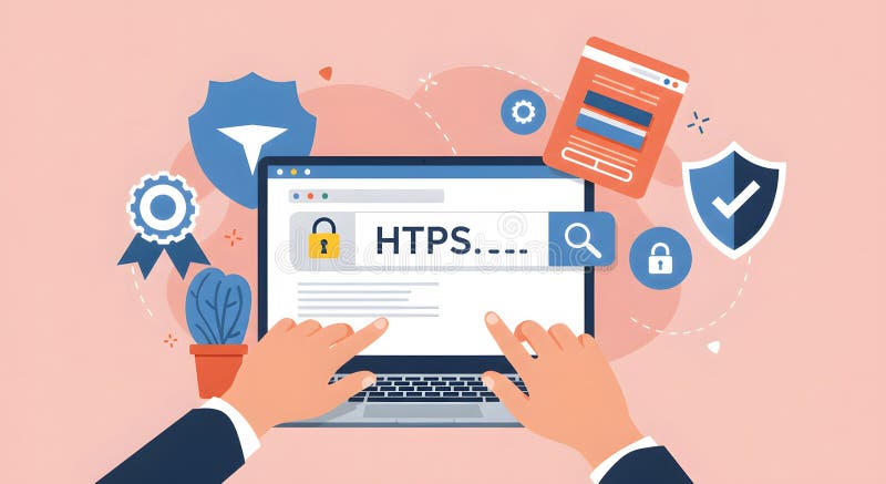 手在笔记本电脑上输入“HTTPS”，背景为桃色，周围环绕着安全徽章 向量例证