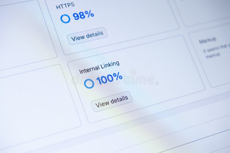 数字仪表盘显示关键网站性能指标，包括 HTTPS 98% 和内部链接 100%，对于 库存图片