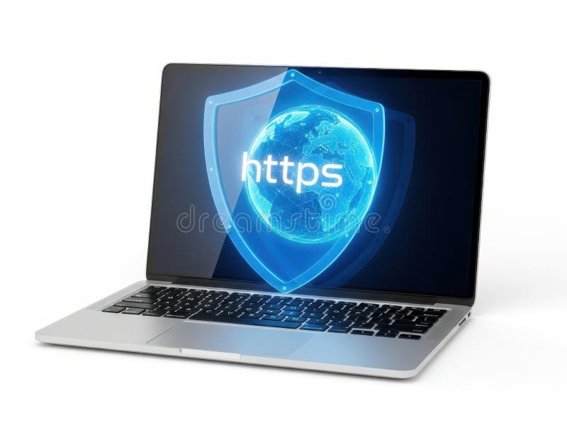 Ноутбук с изолированным значком щита HTTPS на белом фоне бесплатная иллюстрация