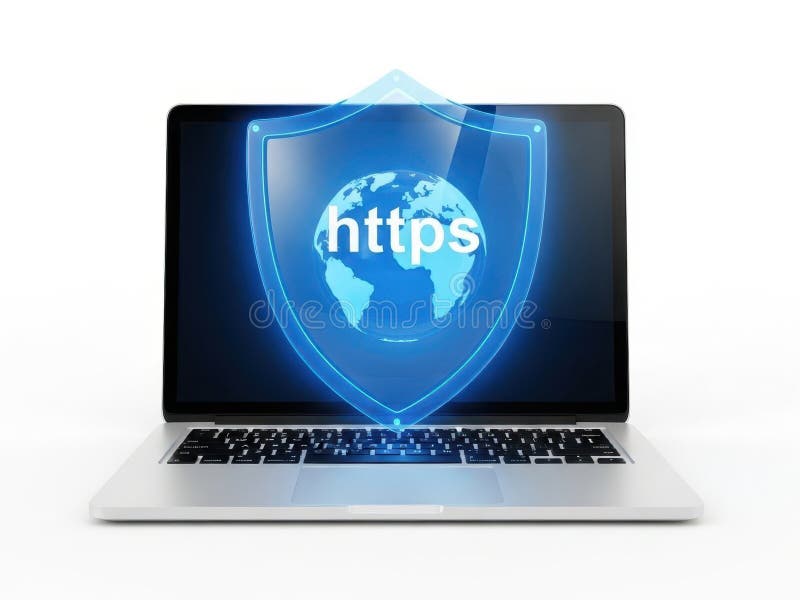 Ноутбук с иконкой щита HTTPS, изолированной на белом фоне иллюстрация штока