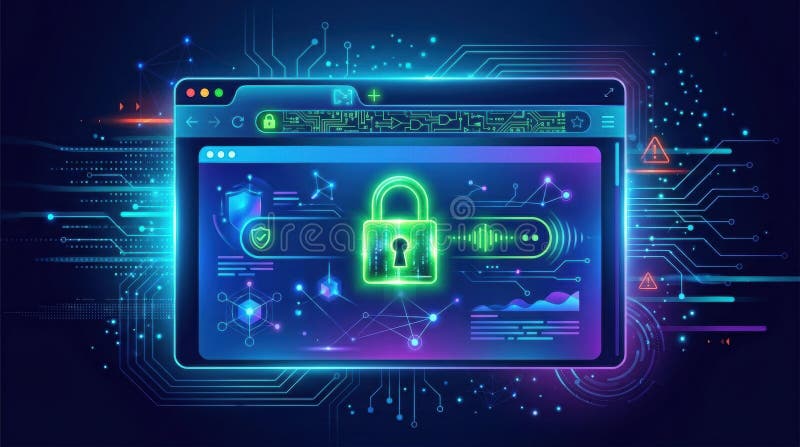 网络安全培训插图，展示带有数字锁和网络安全元素的 HTTPS 浏览 库存图片
