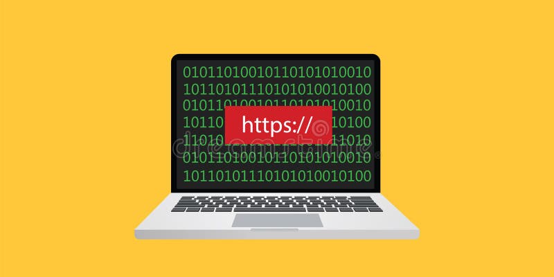 Https 插图，笔记本电脑，屏幕上的文本和书写的二进制代码 向量例证