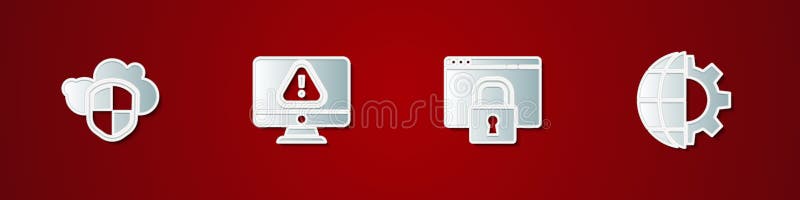 Набор Облако и щит, Монитор со знаком восклицания, Защитите свой сайт HTTPS, SSL и иконка шестеренки Глобуса Земли. Вектор иллюстрация вектора