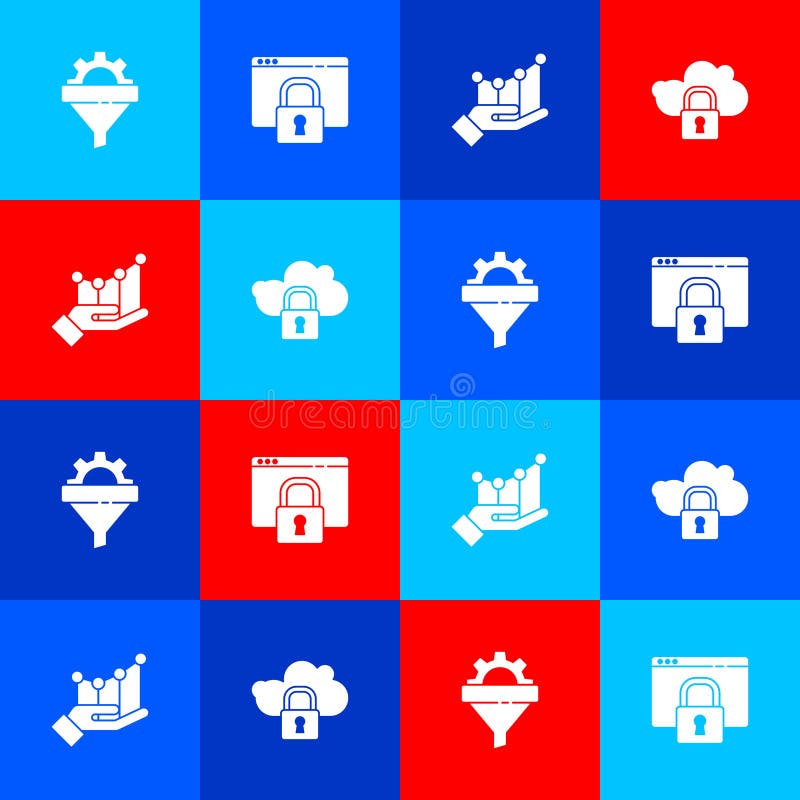 设置带齿轮的销售漏斗图，以保护您的站点https ssl饼图信息图和云计算锁定图标. 矢量 皇族释放例证