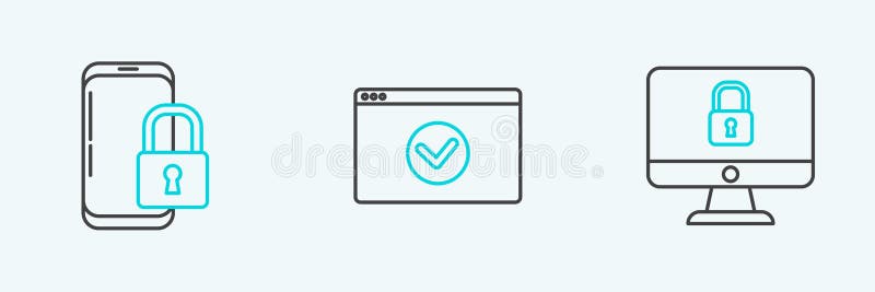 Блокировка линии на экране компьютерного монитора, Смартфон с закрытым замком и защитите свой сайт HTTPS, значок SSL. Вектор иллюстрация вектора