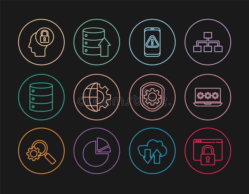 Установить линию Защитите свой сайт с помощью HTTPS, SSL, Пароль ноутбука, Мобильный восклицательный знак, Глобус Земли и шестерен бесплатная иллюстрация