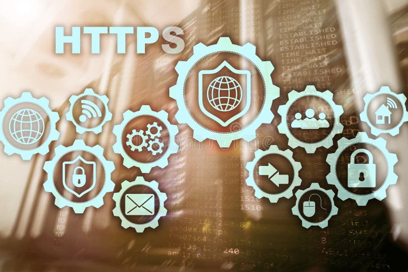 Https Транспортный протокол гипертекста безопасный Концепция технологии на предпосылке комнаты сервера Виртуальный значок для сет иллюстрация вектора Https Транспортный протокол гипертекста безопасный Концепция технологии на предпосылке комнаты сервера Виртуальный значок для сет иллюстрация вектора