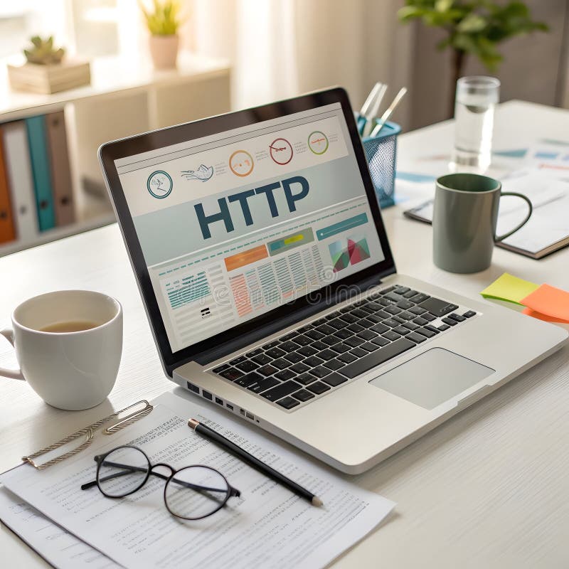 Ноутбук с отображаемой веб-страницей, показывающей HTTPsits на столе рядом с очками чашки и документов стоковое изображение