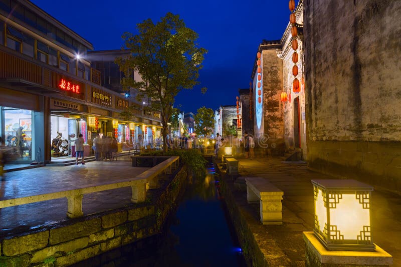 Huangshan Tunxi City, China - circa September 2015: Streets of Old Town Huangshan by night