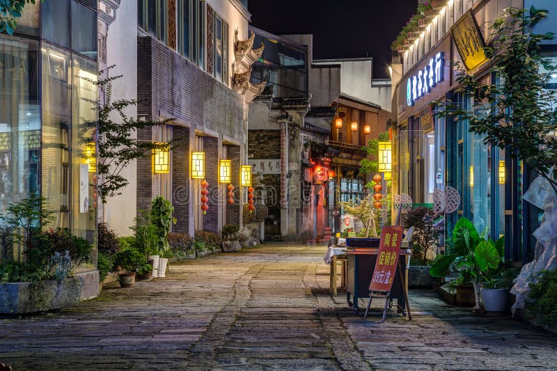 Huangshan Tunxi City, China - circa September 2015: Streets of Old Town Huangshan by night