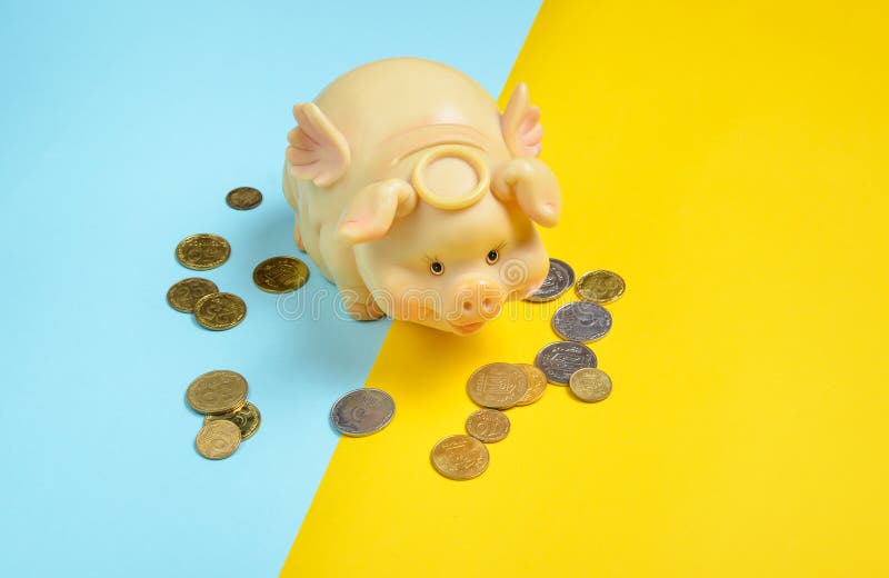 Hucha con las monedas en un fondo azul amarillo Economía ucraniana, bandera ucraniana imágenes de archivo libres de regalías Hucha con las monedas en un fondo azul amarillo Economía ucraniana, bandera ucraniana imágenes de archivo libres de regalías