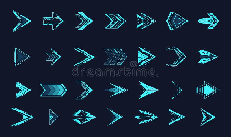 Hud arrows. Hologram sci-fi arrow or futuristic light triangle pointers, digital directional movement cursor neon stock illustration