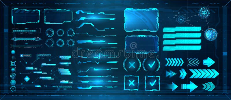 Hud d'éléments d'interface numérique scifi pour le jeu ui ux kit. futuriste interface utilisateur cadre écrans légendes titres