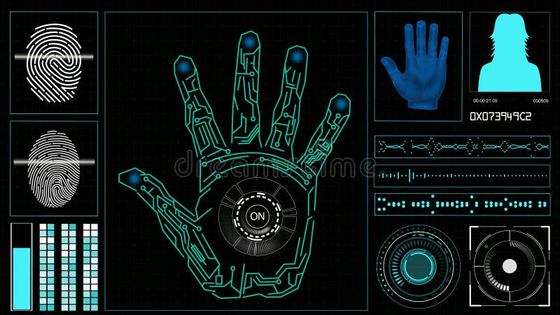 HUD elements on a computer display with people searching and fingerprints on a screen. High tech Illustration