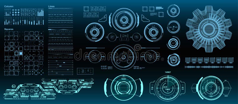 HUD elements mega set pack. Dashboard display virtual reality technology screen. Futuristic user interface. stock illustration