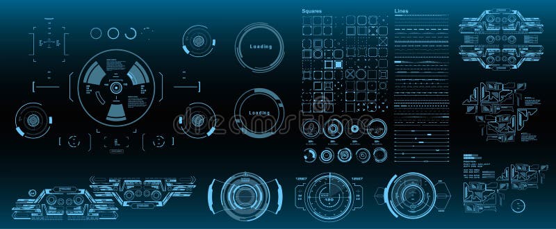 HUD elements mega set pack. Dashboard blue display virtual reality technology screen. Futuristic blue user interface. royalty free illustration