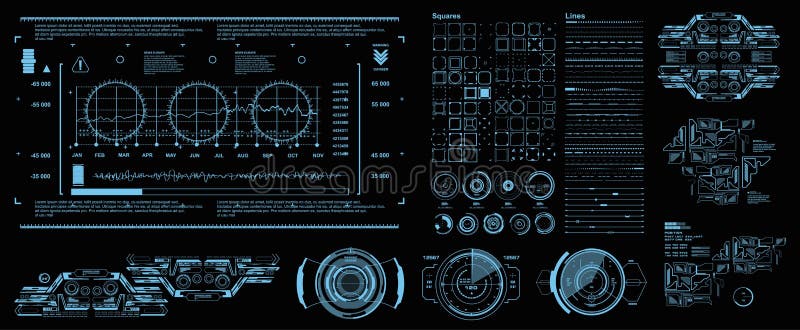HUD elements mega set pack. Dashboard blue display virtual reality technology screen. Futuristic blue user interface. stock illustration