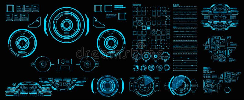 HUD elements mega set pack. Dashboard blue display virtual reality technology screen. Futuristic blue user interface. stock illustration