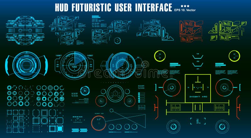 HUD elements mega set pack. Dashboard display virtual reality technology screen. Futuristic user interface royalty free illustration