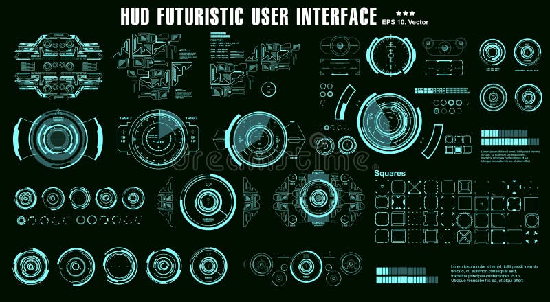 HUD elements mega set pack. Dashboard display virtual reality technology screen. Futuristic user interface stock illustration