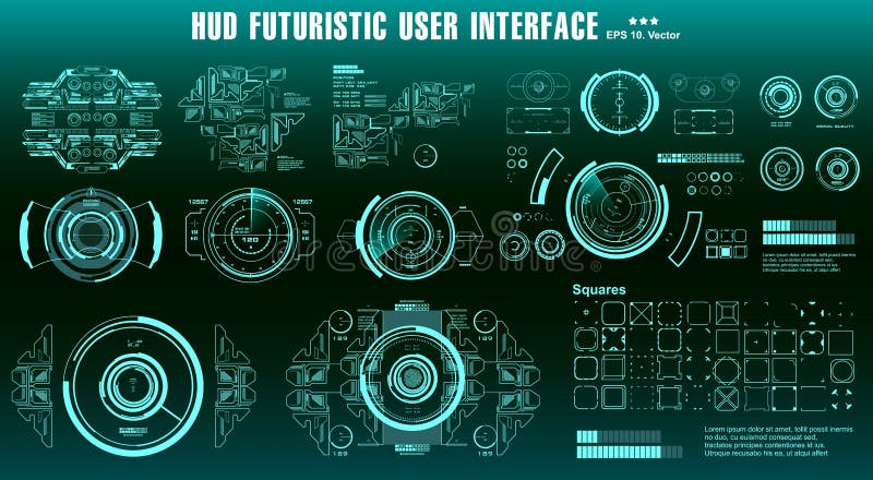 HUD elements mega set pack. Dashboard display virtual reality technology screen. Futuristic user interface stock illustration