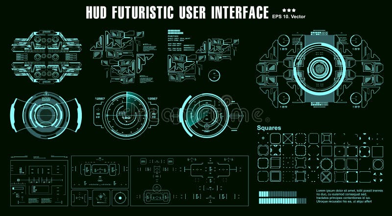 HUD elements mega set pack. Dashboard display virtual reality technology screen. Futuristic user interface stock illustration
