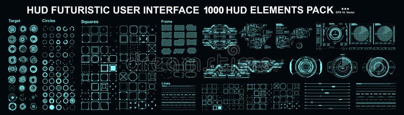 HUD elements mega set pack. Dashboard display virtual reality technology screen. Futuristic user interface royalty free illustration