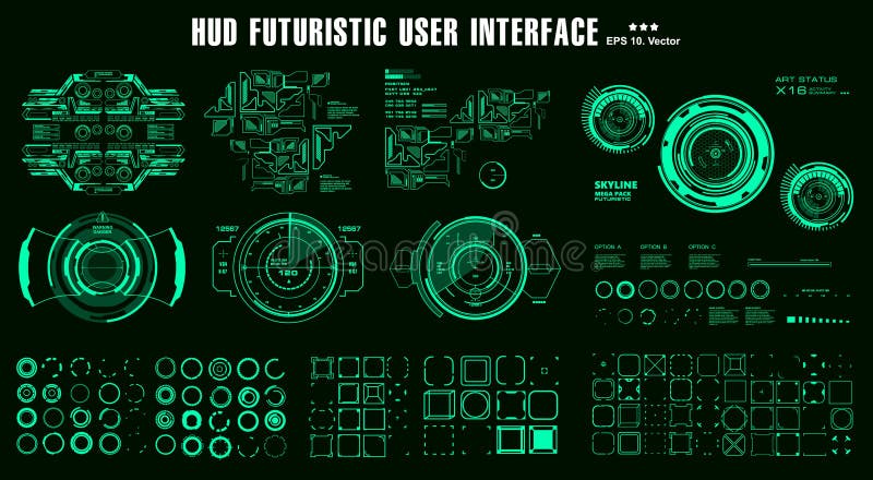 HUD elements mega set pack. Dashboard display virtual reality technology screen. Futuristic user interface stock illustration
