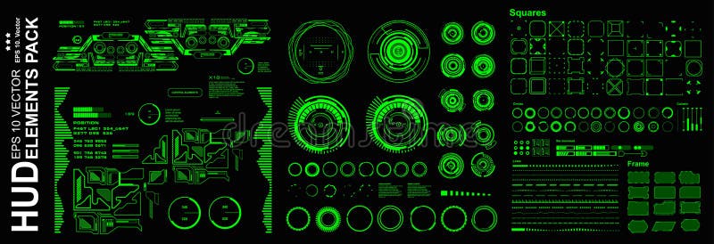HUD elements mega set pack. Dashboard green display virtual reality technology screen vector illustration