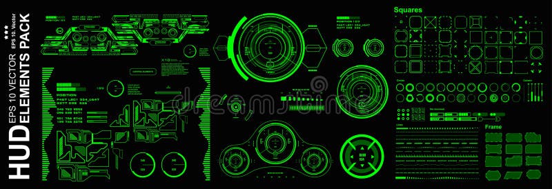 HUD elements mega set pack. Dashboard green display virtual reality technology screen royalty free illustration