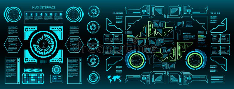 HUD elements mega set pack. Dashboard green display virtual reality technology screen vector illustration