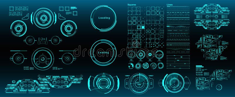 HUD elements mega set pack. Dashboard green display virtual reality technology screen. Futuristic blue user interface. vector illustration
