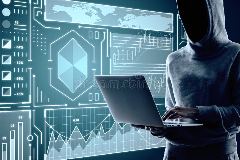 Hacker with laptop and abstract digital business interface. Hud and technology concept