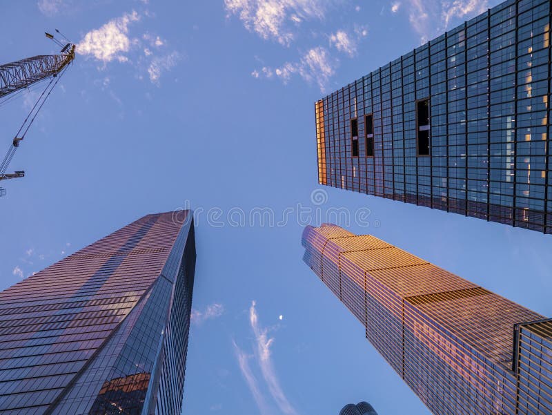 Hudson Yards skyscrapers in good sunny blue sky day.