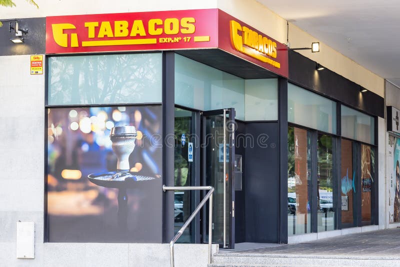 Huelva, Spain - March 10, 2022: Exterior of a Tobacco store with the Sign of a Spanish public tobacconist