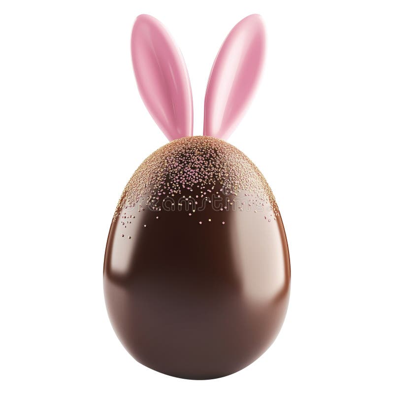 Huevo de Pascua de Chocolate con orejas de conejito rosa y rociadas doradas aisladas en fondo transparente blanco. Concepto de la AI con temática de Easterthemé festivo y dulce