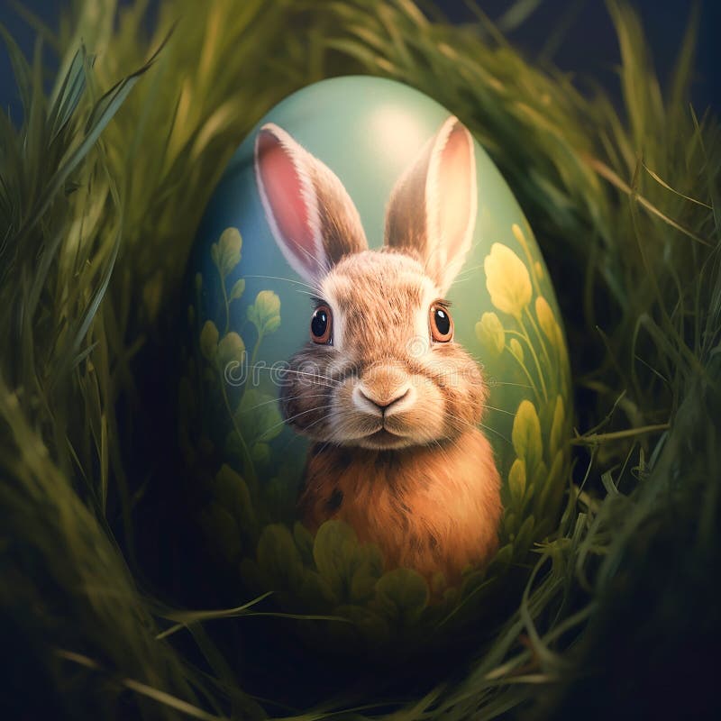 Huevo pintado con un lindo conejo conejo conejo sus características suaves y la expresión adorable de inocencia juguetona ilustración del vector