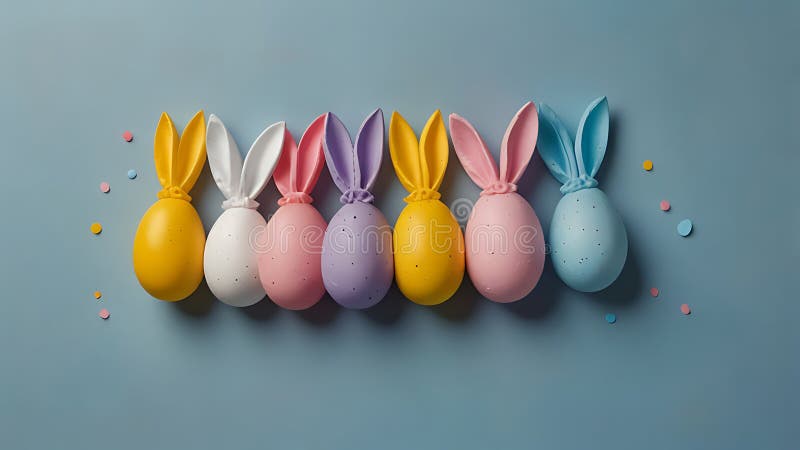 Huevos coloridos de Pascua en una canasta con decoración primaveral en un fondo azul y blanco. Huevos coloridos de Pascua con orejas de conejito adjuntas colocados en fila contra un fondo azul suave. Los huevos están pintados en tonos vivos de lavanda rosa y blanco amarillo y azul cada uno con orejas de conejito a juego o contrastando. Pequeños puntos de confeti multicolores se reparten alrededor, añadiendo un toque lúdico a la escena.