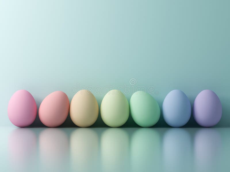 Huevos coloridos de Pascua sobre fondo azul claro color pastel con reflejos y espacio en blanco sobre renderización 3D stock de ilustración