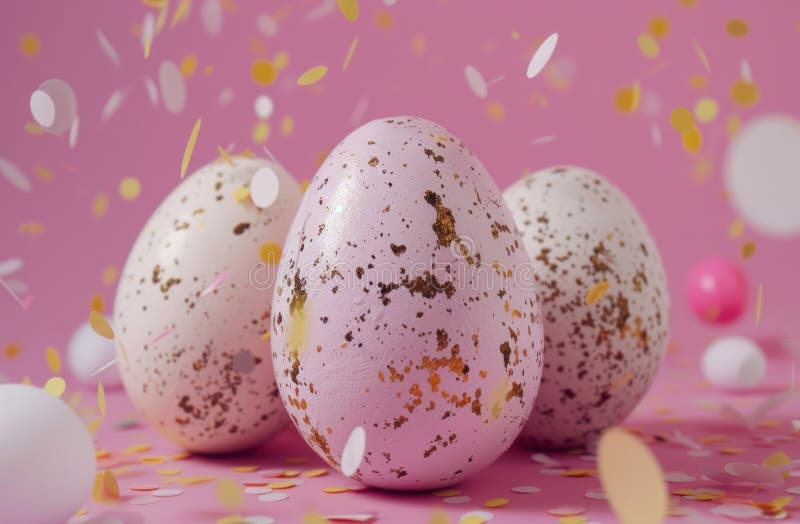 Huevos coloridos y confetti colocados en un fondo rosado ilustración del vector