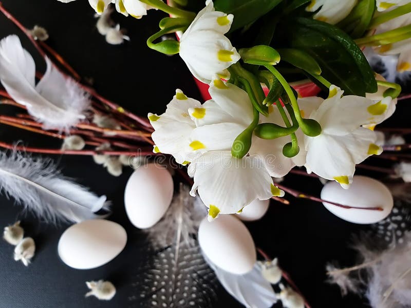 Huevos con el sauce y plumas amarillas del platillo de la primavera de la flor todavía del ramo del verde rosado blanco de la vid fotos de archivo libres de regalías Huevos con el sauce y plumas amarillas del platillo de la primavera de la flor todavía del ramo del verde rosado blanco de la vid fotos de archivo libres de regalías