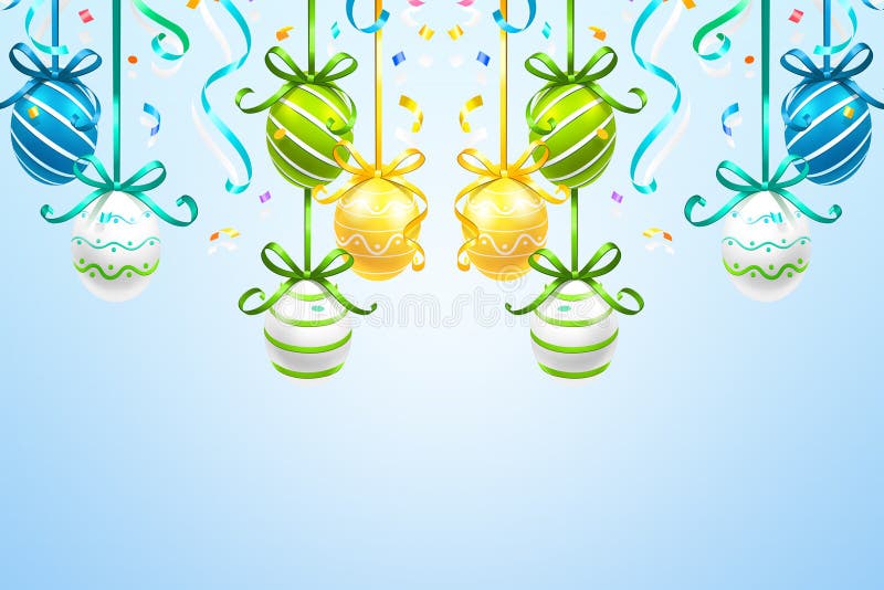 Huevos de Pascua coloreados colgantes en el fondo azul stock de ilustración Huevos de Pascua coloreados colgantes en el fondo azul stock de ilustración
