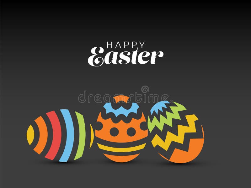 Huevos de Pascua coloridos con plantilla de tarjeta de saludo festivo con fondo gris oscuro stock de ilustración