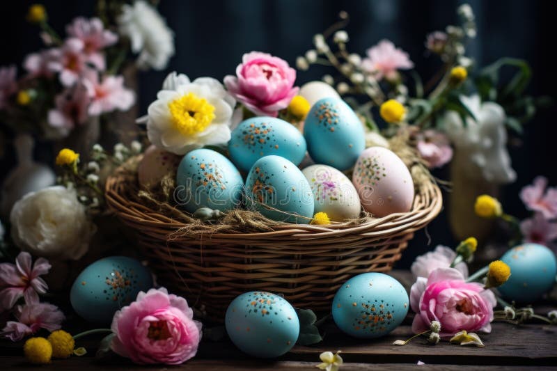 Huevos de pascua coloridos en una cesta con flores rosas stock de ilustración