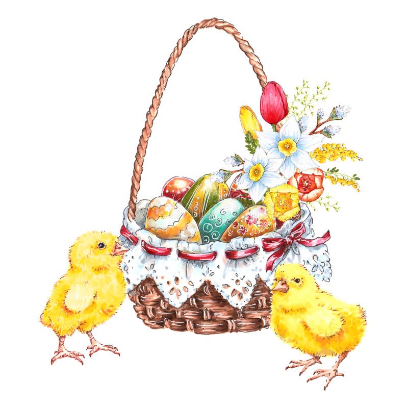 Huevos de Pascua multicolores en una cesta con las flores y los polluelos lindos, dibujo de la mano libre illustration Huevos de Pascua multicolores en una cesta con las flores y los polluelos lindos, dibujo de la mano libre illustration