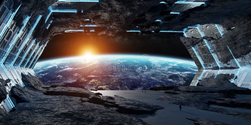 Huge asteroid spaceship interior 3D rendering elements of this i stock illustration Huge asteroid spaceship interior 3D rendering elements of this i stock illustration
