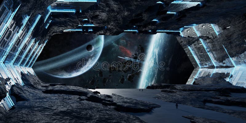 Huge asteroid spaceship interior 3D rendering elements of this i stock illustration Huge asteroid spaceship interior 3D rendering elements of this i stock illustration