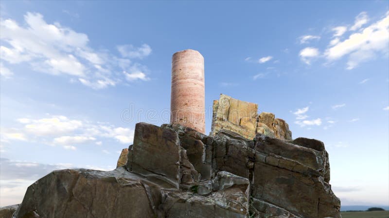 Huge blockages of voluminous stones against a background of blue and orange sky. Motion.Cartoon animation with fragments